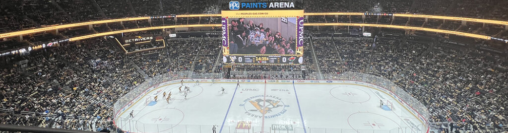 Panoramic view of the seating bowl at PPG Paints Arena during a Pittsburgh Penguins game