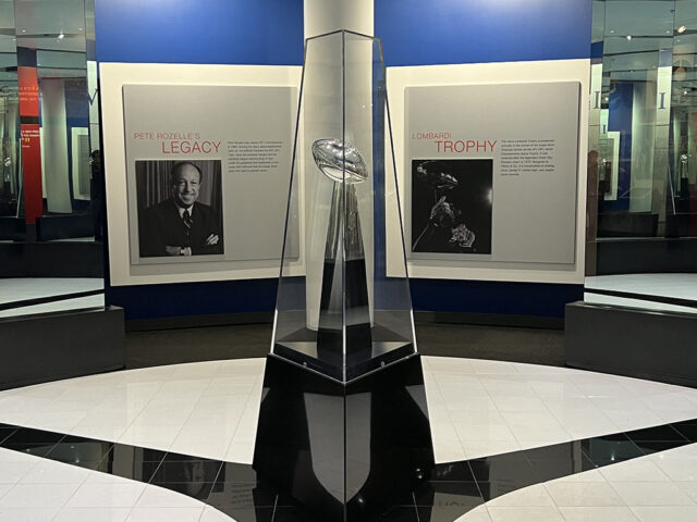 The Vince Lombardi Trophy on display at the Pro Football Hall of Fame in Canton, Ohio