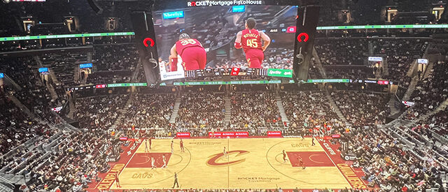 Panoramic view of the seating bowl at Rocket Arena during a Cleveland Cavaliers game