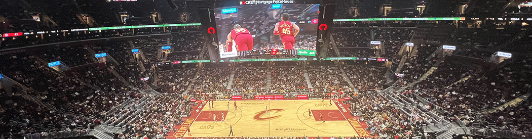 Panoramic view of the seating bowl at Rocket Mortgage FieldHouse during a Cleveland Cavaliers game