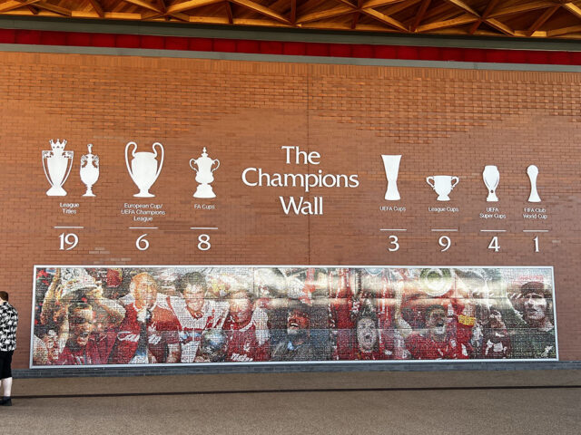 The Champions Wall is displayed on the exterior of Anfield Stadium in Liverpool, England