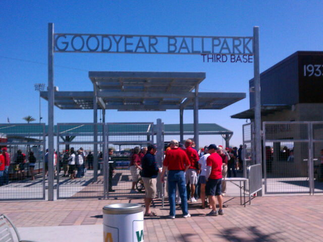 The third-base entrance gate to Goodyear Ballpark during an Arizona Cactus League spring training game