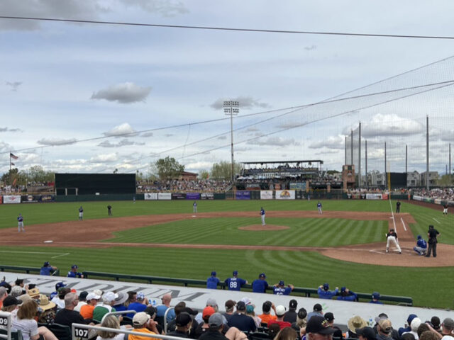 A Cactus League spring training baseball game in progress at Scottsdale Stadium