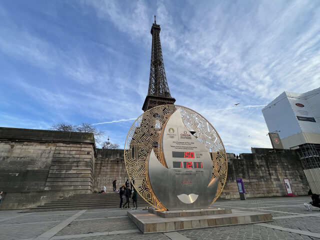 The Paris Olympics countdown clock, shown in February 2024, can be found at the base of the Eiffel Tower