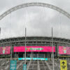 A dramatic staircase leads to the main entrance at Wembley Stadium in London