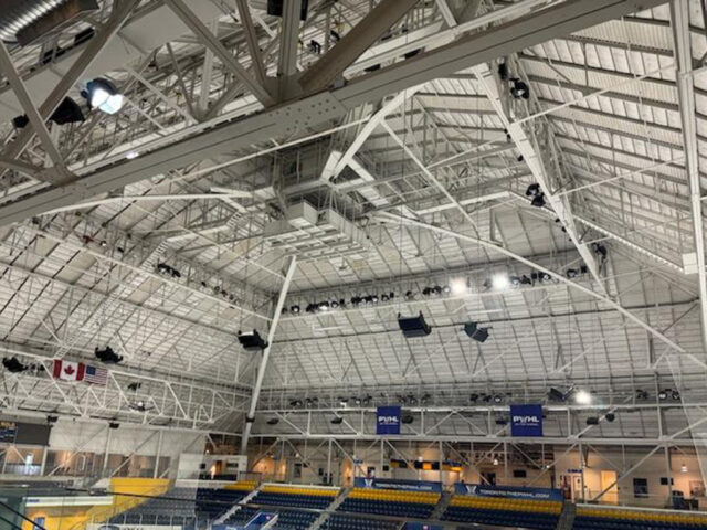 A view at the distinctive roof structure at the Mattamy Athletic Centre in Toronto