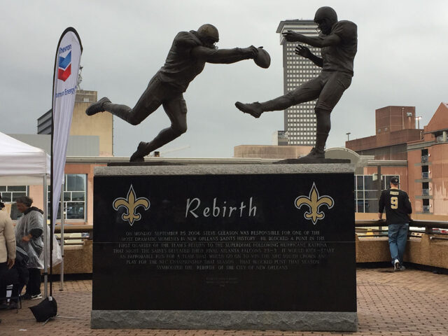 The "Rebirth" statue outside the Caesars Superdome in New Orleans depicts Saints player Steve Gleason's punt block in 2006