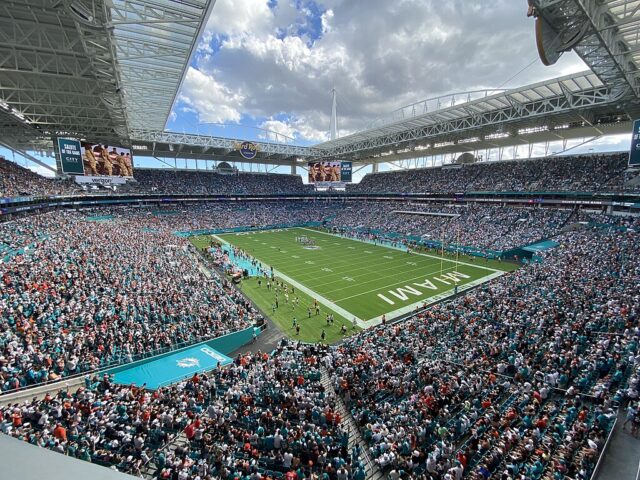 View of the seating bowl at Hard Rock Stadium in Miami Gardens, Florida, during a Miami Dolphins game