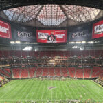 The inside of Mercedes-Benz Stadium during an Atlanta Falcons game