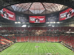 The inside of Mercedes-Benz Stadium during an Atlanta Falcons game