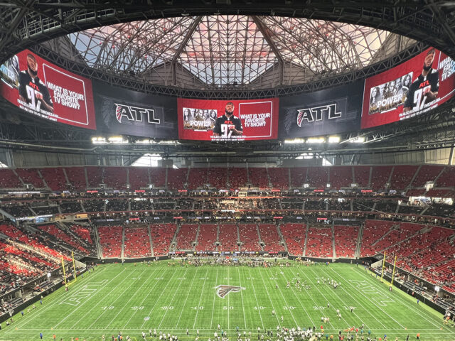 The field and halo videoboard shown during an Atlanta Falcons game at Mercedes-Benz Stadium