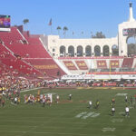 Panoramic view of the seating bowl at the Los Angeles Memorial Coliseum during a USC Trojans football game