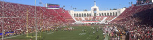 Panoramic view of the seating bowl at the Los Angeles Memorial Coliseum during a USC Trojans football game