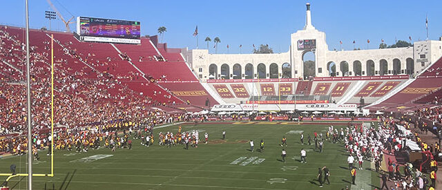 Panoramic view of the seating bowl at the Los Angeles Memorial Coliseum during a USC Trojans football game