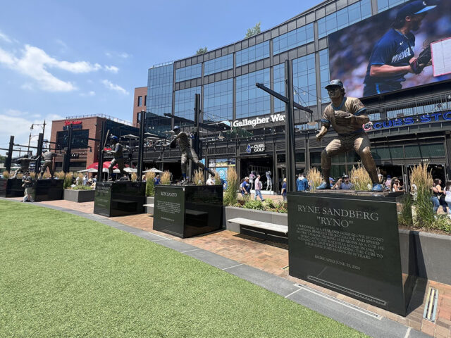 Statues of Cubs legends are on display in the Gallagher Way plaza of Wrigley Field in Chicago