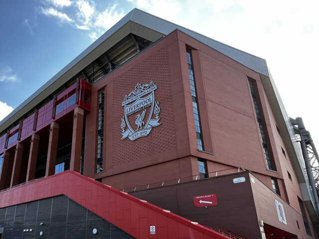 Exterior view of Anfield Stadium in Liverpool, England