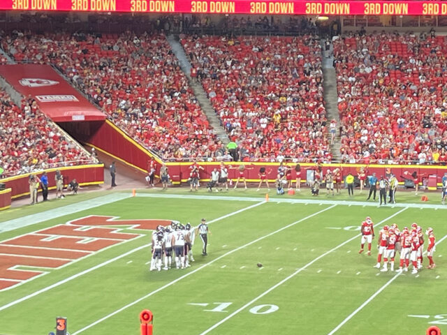 Players line up for a play during a Kansas City Chiefs game at GEHA Field at Arrowhead Stadium