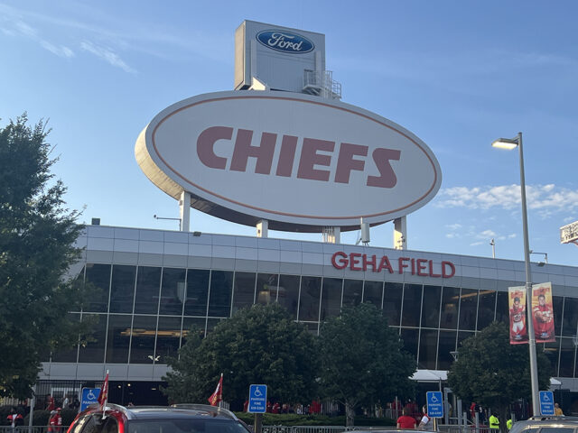 The back of one of the main scoreboards looms over the east entrance gate at GEHA Field at Arrowhead Stadium