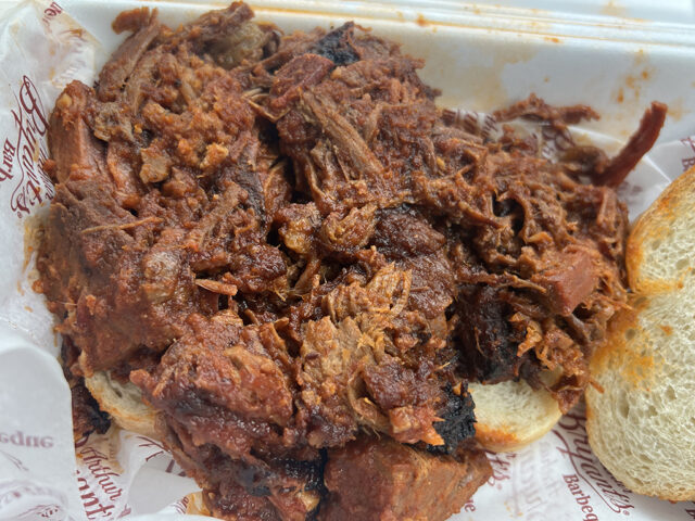 Open-faced burnt end sandwich from Arthur Bryant's in Kansas City, Missouri