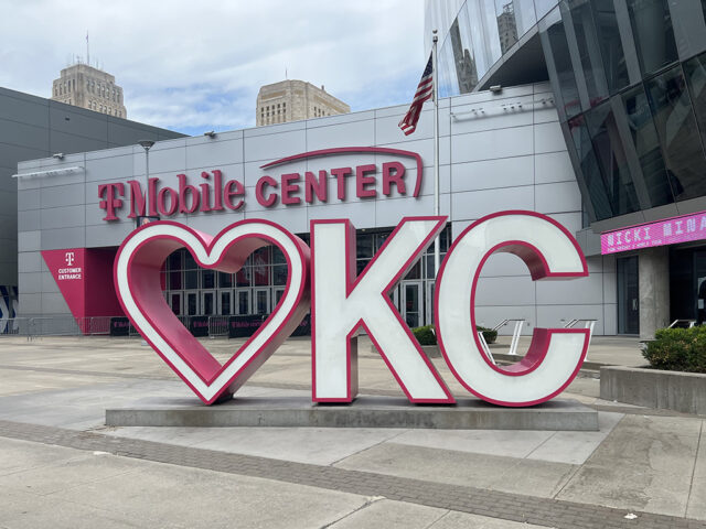 The "Heart KC" sign stands in front of the T-Mobile Center in Kansas City, Missouri
