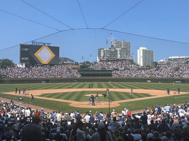 View of the diamond from the field-level stands at Wrigley Field in Chicago