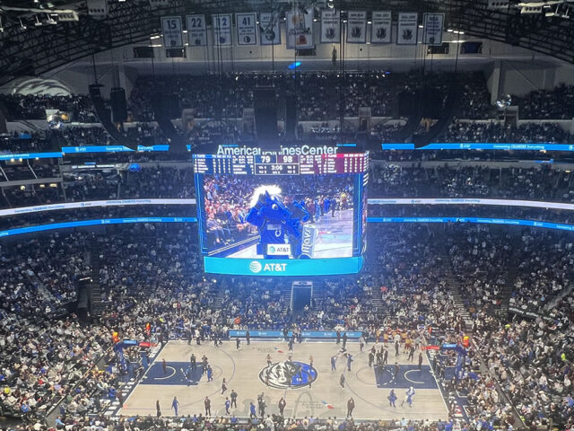 View of the court at American Airlines Center in Dallas during a Mavericks basketball game