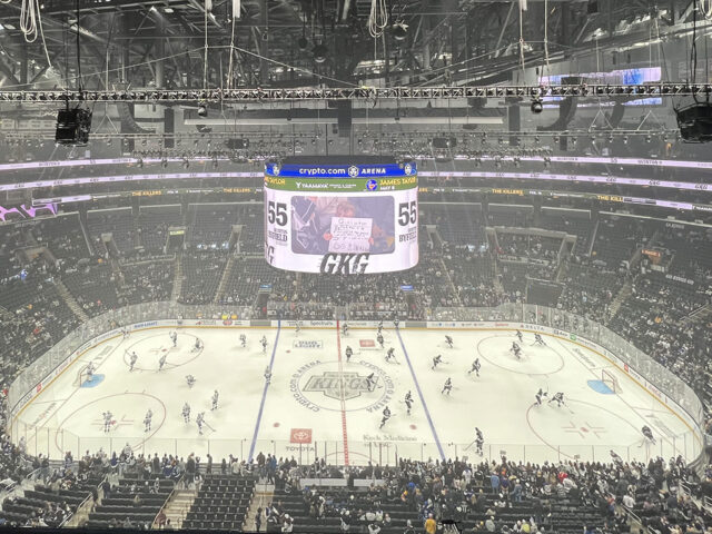 Players skate on the ice during warmups at Crypto.com Arena in Los Angeles