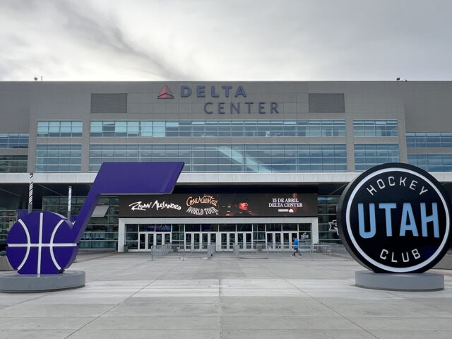 Utah Jazz and Utah Hockey Club logos seen outside the Delta Center in Salt Lake City