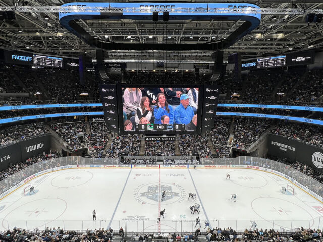 View of the rink during a Utah Hockey Club game at the Delta Center in Salt Lake City