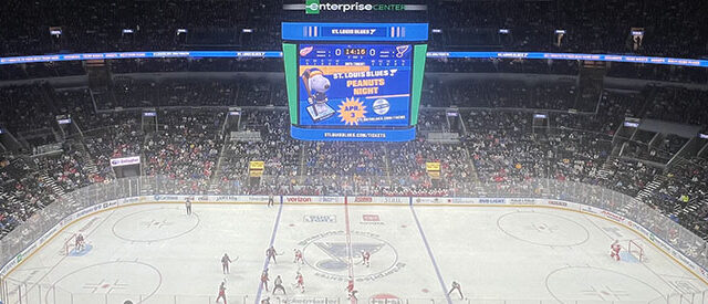 Panoramic view of the seating bowl at Enterprise Center during a St. Louis Blues hockey game