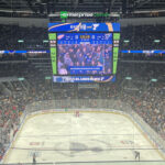 View of the rink and overhead videoboard at Enterprise Center during a St. Louis Blues game