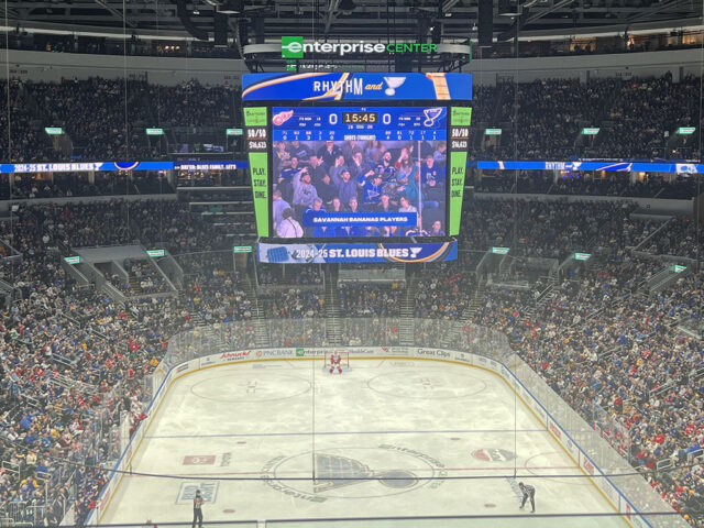 View of the rink and overhead videoboard at Enterprise Center during a St. Louis Blues game