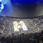 View of the oculus board and court inside the Intuit Dome arena in Inglewood, California
