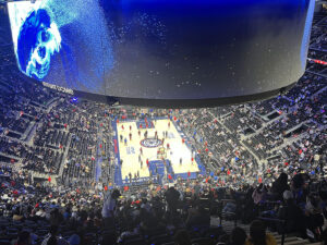 View of the oculus board and court inside the Intuit Dome arena in Inglewood, California