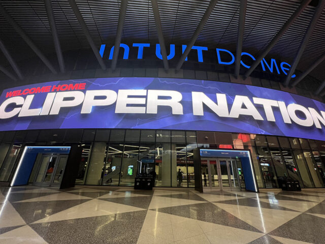 Entrance gate with marquee at the Intuit Dome, home of the LA Clippers