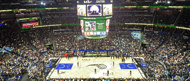 Panoramic view of the court at Kia Center during an Orlando Magic game