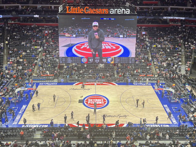 View of the court at Little Caesars Arena during a Detroit Pistons game