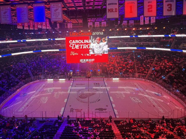 Lights are dimmed above the ice during a Detroit Red Wings game at Little Caesars Arena