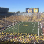 View of the field and seating bowl at Michigan Stadium in Ann Arbor