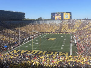 View of the field and seating bowl at Michigan Stadium in Ann Arbor