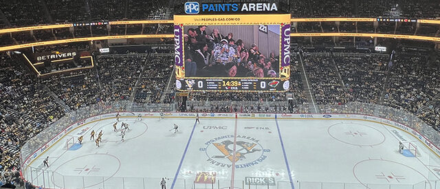 Panoramic view of the seating bowl at PPG Paints Arena during a Pittsburgh Penguins game