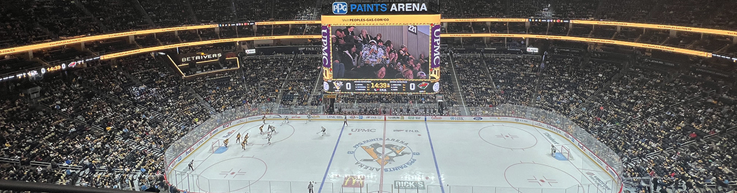 Panoramic view of the seating bowl at PPG Paints Arena during a Pittsburgh Penguins game