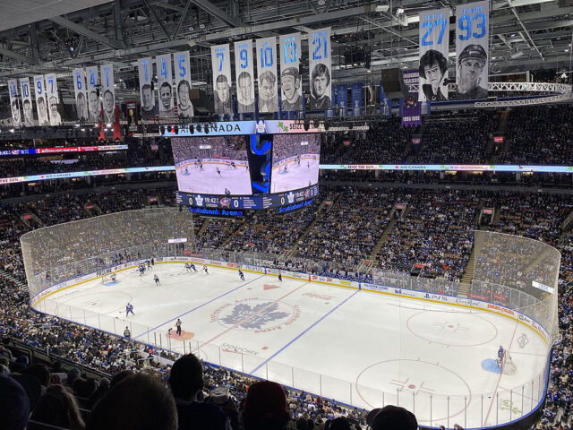 Scotiabank Arena banners View of the ice rink during a Maple Leafs game at Scotiabank Arena in Toronto