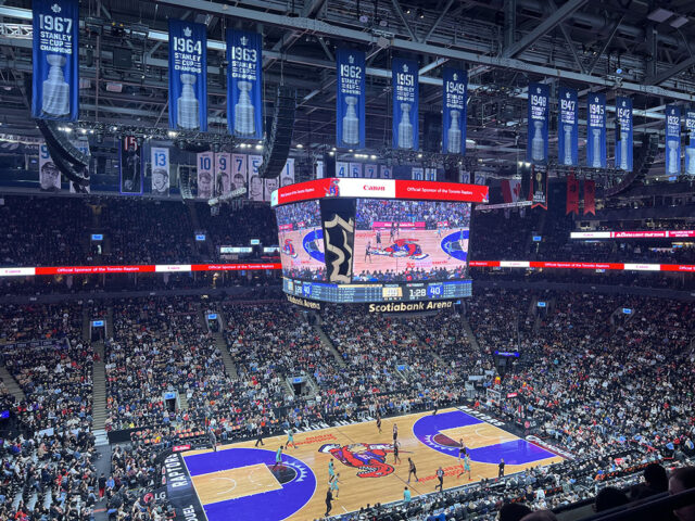 View of the court at Scotiabank Arena during a Toronto Raptors game