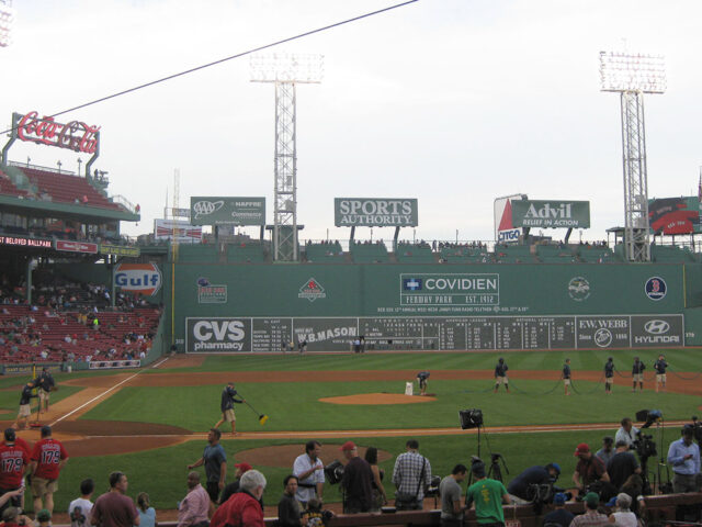 View of the field at Fenway Park in Boston with the Green Monster in the background