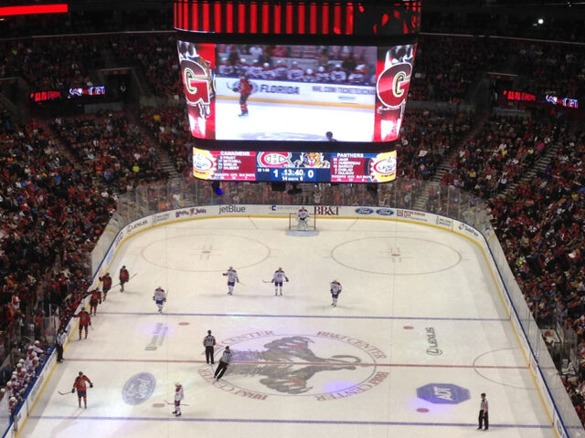 View of the ice during a Florida Panthers game at Amerant Bank Arena (then known as BB&T Center) in 2015