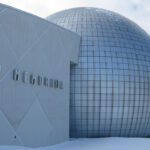 A distinctive silver globe fronts the Basketball Hall of Fame building in Springfield, Massachusetts