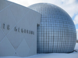 A distinctive silver globe fronts the Basketball Hall of Fame building in Springfield, Massachusetts