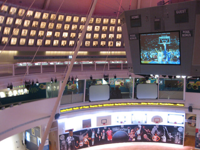 View inside the exhibit hall at the Basketball Hall of Fame in Springfield, Massachusetts