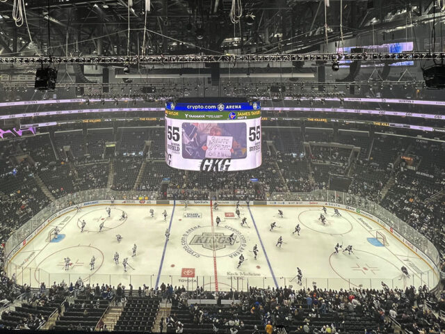 Players skate on the ice during warmups at Crypto.com Arena in Los Angeles